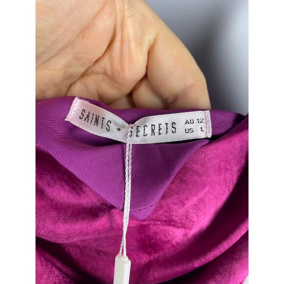 NWT, Saints + Secrets, Size Large, Fuchsia Pink, "Selena" Slip Dress, Satin - Picture 4 of 7